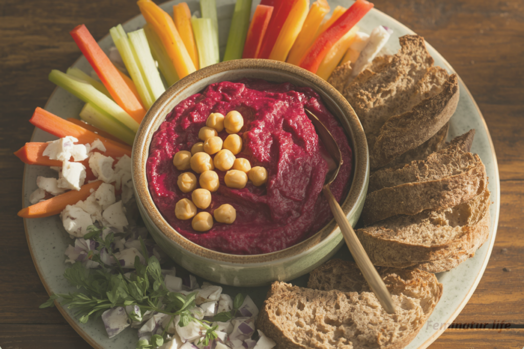 Schale mit Humus, Gemüsesticks und Brot